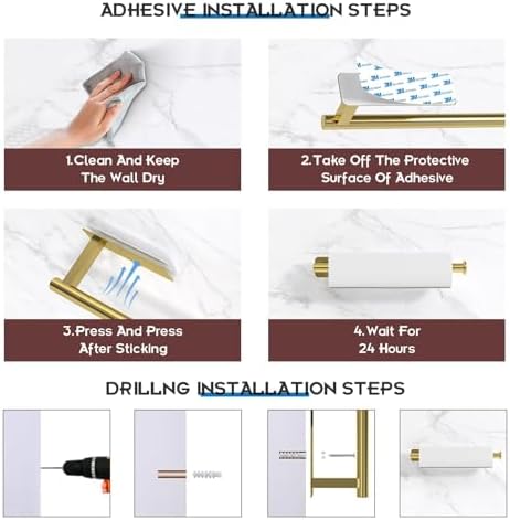 ASTOFLI Paper Towel Holder Under Cabinet No Drilling, Self Adhesive Paper Towel Holder Wall Mount for Kitchen Rack, Under Counter Napin Holder No Drill, RV, 304 Stainless Steel, Gold Brass 2 Pack - Image 4