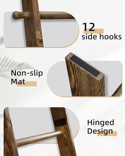 TEAKMAMA 6-Tier 5.4ft Blanket Ladder with Hanging Knobs Rustic Brown - Image 4