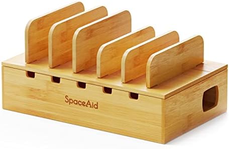 SpaceAid Bamboo Charging Station for Multiple Devices, Cell Phone Docking Stations for Multi Laptop, Tablets and iPads, Nightstand Bedside Desk Device Charger Organizer (Natural) by SpaceAid