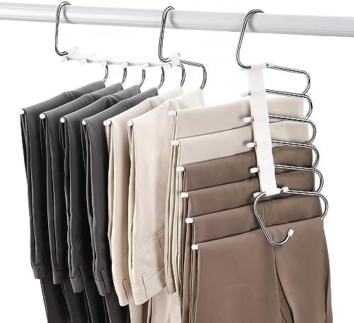 Upgraded Collapsible Pants Hangers Space Saving, 6 Layers Clothes Rack, Stainless Steel Multifunctional Closet Organizer, Non Slip Metal Hangers for Pants Jeans Skirts Trousers (2 Pack) by Fayleeko