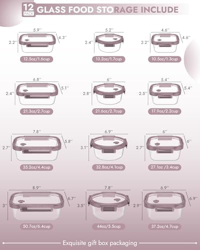 12-Pack Glass Containers with Tempered Lids – Borosilicate, Oven-Safe(-4°F~950°F), Airtight, BPA-Free, Multi-Size for Meal Prep, Dishwasher Safe, 1.6 cups to 6.4 cups (Pink) - Image 2
