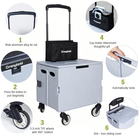 Collapsible Rolling Crate, Folding Utility Cart with 2 Lockable 360° Swivel Wheels & Lid, Portable Shopping Trolley for Grocery, Camping, Teacher, Office - Image 5