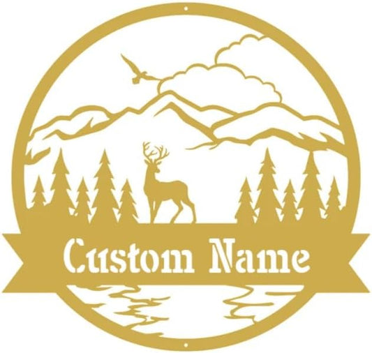 RealSteel Personalized Metal Wall Art - Circular Nature Scene with Mountains, Lake, Deer & Bird - Custom Name on Banner - Outdoor Landscape Decor for Home & Gifts - Gold, 36"