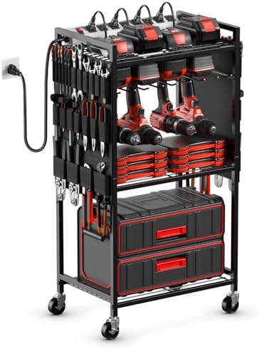 JUNNUJ Power Tool Organizer Cart with Charging Station, 6 FT Cord, Black by JUNNUJHome