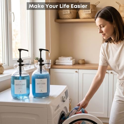 2 Pcs Glass Liquid Laundry Detergent Dispenser with Cup Holders, Half Gallon Dispenser for Laundry Room (64 oz. Each), Laundry Detergent Bottles with Pump Dispenser - (Black Pumps) - Image 4