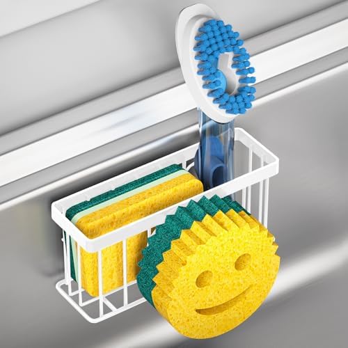 Sponge Holder Smiley Face, Sink Organizer with 2 Suction Cups/1 Adhesive Strips, Designed for Sponge, Soap, Dish Brush, Scrubber - White by MURLONG