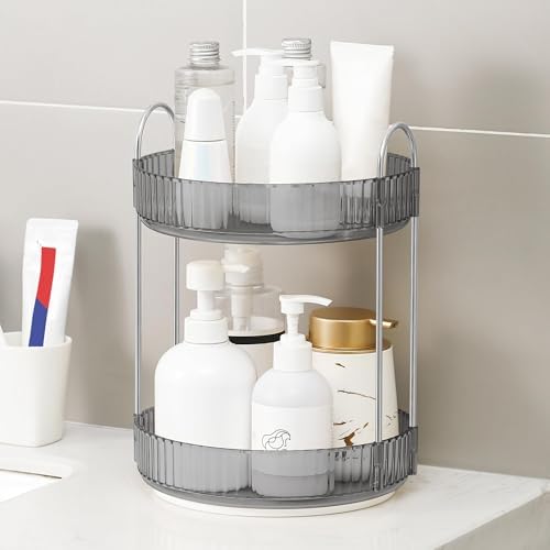 YCIA&DONE 360 Rotating Makeup Organizer and Storage for Vanity Countertop 2 Tiers, High Capacity Cosmetic Skincare Perfume Organizers for Dresser Bathroom Lazy Susan (Smoky Gray) - Image 5