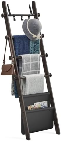 VASAGLE Blanket Ladder, 5-Tier Pine Wood Ladder Shelf with PU Leather Bag by VASAGLEbySONGMICSHOME