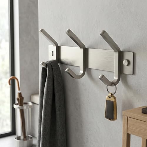 Small Coat Rack Wall Mount – Brushed Nickel 9 Inch Stainless Steel Hook Rail with 3 Heavy Duty Double Coat Hooks – Wall Mounted Coat Hanger for Entryway, Bathroom, Bedroom, Hat Organizer - 2 Pack - Image 6