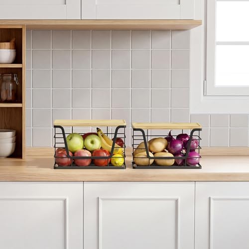 ALOCEO 2 Pack Stackable Wire Storage Basket with Bamboo Lid, Stainless Steel Extra Large Trash Bag Dispenser Roll Holder for Kitchen Sink, Kitchen Storage Bins for Potato and Onion, Black - Image 4