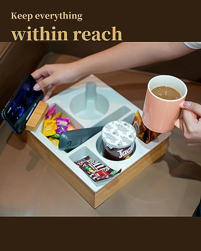 Couch Cup Holder Tray, Hitseon Silicone Bamboo Couch Caddy with Rotatable Phone Holder for Bed Car Seat Organizer, Waterproof Anti-Spill Couch Drink Holder for Snacks Beverage Remote (Black) - Image 6
