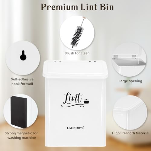 Magnetic Lint Bin for Laundry Room with Brush & Hook - Large Laundry Organizer and Storage, Wall Mounted Trash Can with Lid, Space-Saving Dryer Lint Holder Laundry Room Decor, White - Image 5