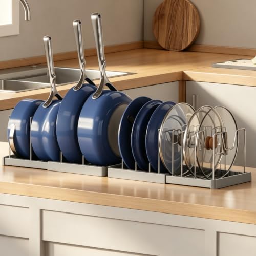 Magheo 1 Pack Expandable Food Storage Container Lid Organizers, 31.3" Pots and Pans Organizer Under Cabinet with 12 Adjustable Dividers Pot and Pan Lid Holders Rack Inside Cabinet(Gray) by MAGHEO