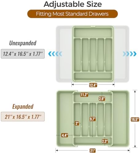 ukeetap Extra Large Expandable Silverware Organizer, Flatware Tray, Green - Image 3