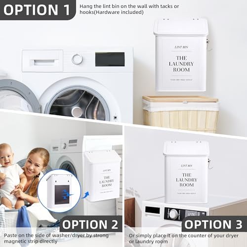 Magnetic Lint Bin for Laundry Room with Lint Brush and Magnetic Hook, Wall Mounted Lint Box with Lid, Farmhouse Laundry Room Decor - Image 3