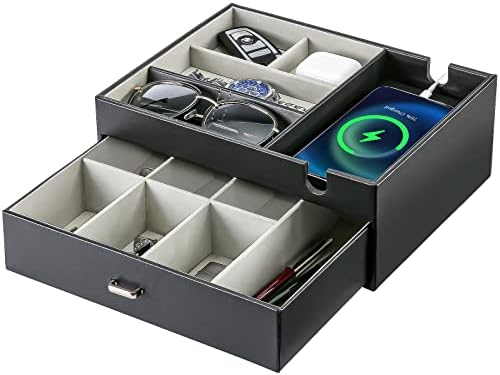 ProCase 2 Layers Valet Tray Gift for Men, Nightstand Organizer EDC Dump Catchall Trays with Phone Charging Station, Dresser Top Table Beside Entryway Storage Box -Black by ProCase
