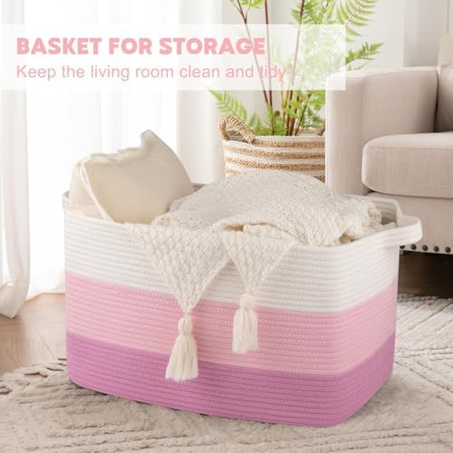 OIAHOMY Large Blanket Basket, 65L Cotton Rope Woven Laundry Basket, Toy Bin for Baby Room, Container for Blanket Storage in Living Room, 20''×16''×12'', Gradient Pink - Image 2