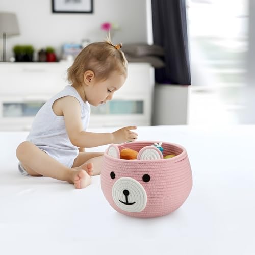PandaEar Cotton Rope Baby Basket, Baby Gift Basket Nursery Laundry Organizer with Cute Bear Design for Storage Infant Newborn Essentials, Diaper Caddy with Handle (Pink) - Image 2