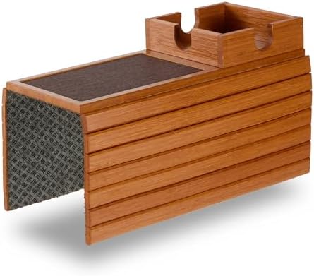 Detor Couch Cup Holder Tray with Super Anti-Slip Pad, Large 4.5" x 4.5" Organizer, Acacia-Stained Bamboo Finish, Enhanced Non-Slip Felt Base, Durable Bamboo Slats, Fits Armrests 5.5" and Wider by Detorhomeandliving