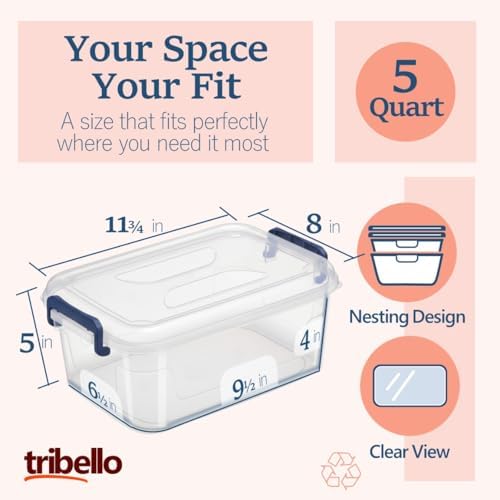 Tribello Plastic Storage Bins with Lids, Clear Stackable Storage Containers - 5 Qt - 3 Pack - Image 2