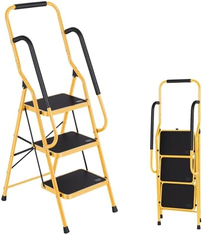 Step Ladder 3 Step Folding with Handrails, Folding Step Stool with Wide Anti-Slip Pedal, Sturdy Steel Portable Ladder, Lightweight Step Stool Foldable for Library Home Garage Office, Yellow by FAHKNS