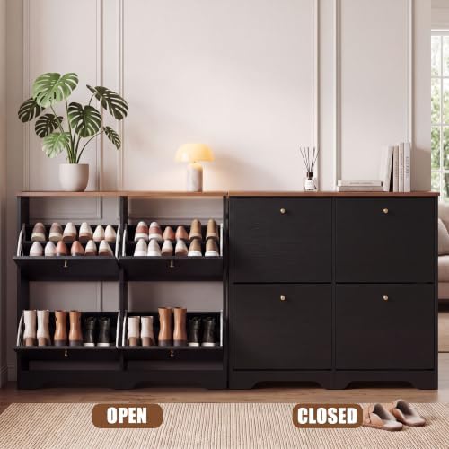 Nicetree 4 Flip‑Drawer Shoe Cabinet,Walnut Top,9.5" Deep,Light Black - Image 5