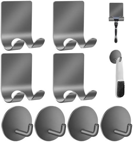 Diesisa Razor Holder for Shower + Adhesive Wall Hooks, Premium 304 Stainless Steel Shower Razor Holder with Heavy Duty Waterproof Sticky Hooks for Hanging Towels, Coat, hat (4+4 Pack) - Grey by Home