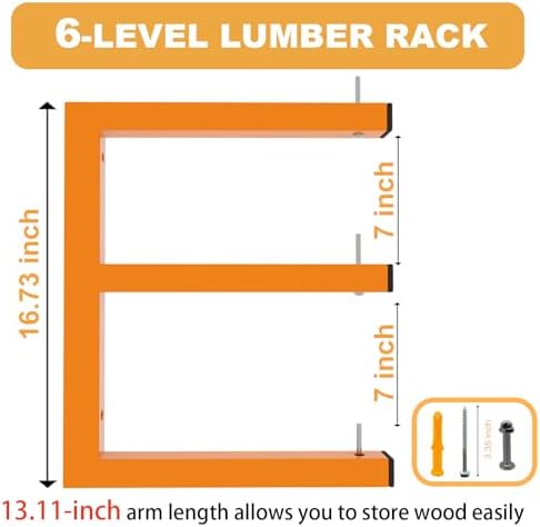4 Pack Wall-Mounted Lumber Rack, Heavy Duty Wood Storage Racks, 6-Level System Garage Shelving, 1320 LBS Capacity Hanging Organizer Shelves, Orange Brackets Utility Metal Shelf for Indoor and Outdoor - Image 2