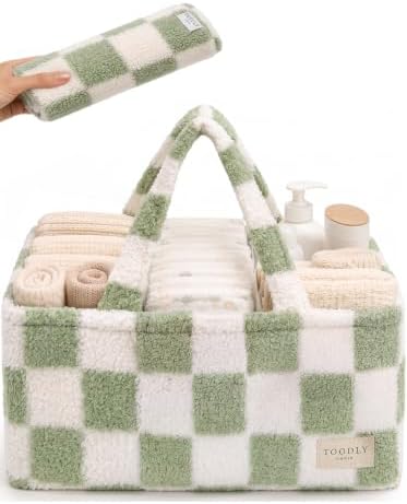 Baby Diaper Caddy Organizer with Waterproof Changing Pad, Checkered Green by Toodly