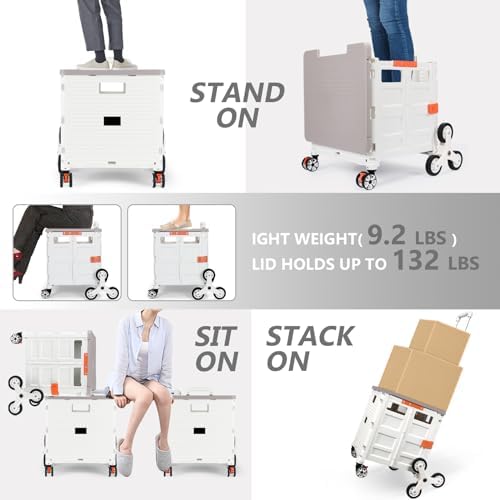 Foldable Utility Cart with Stair Climbing Wheels,Collapsible Rolling Crate with Magnetic Lid Telescopic Cover,Telescoping Handle,360° Rotate Wheel Hand Cart for Teacher Shopping Moving(Milky White) - Image 2