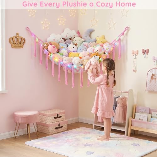 Basumee Stuffed Animals Hammock with LED Light Corner Net, Girls Room Decor - Image 5