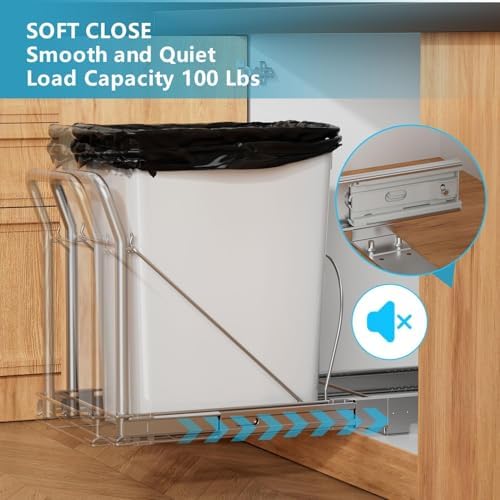 Pull Out Trash Can Under Cabinet w/ Soft-Close, Stainless Handle, Chrome - Image 2
