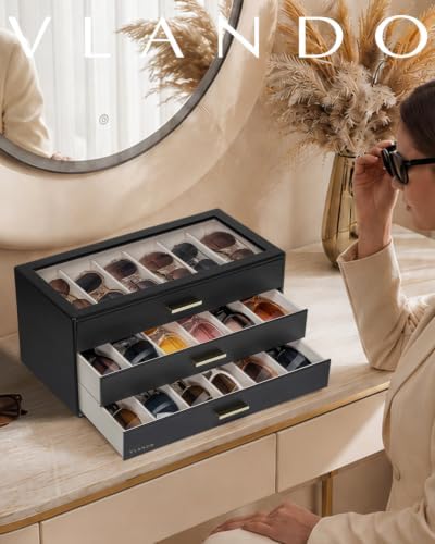 VLANDO 18-Slot Sunglasses Organizer Case with Clear Lid & 3 Drawers,Black - Image 2