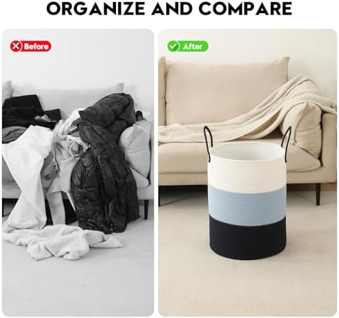 Laundry Basket Hamper Tall Rope Storage Woven for Blanket toys Dirty Clothes in Living Room Bathroom Bedroom (Gradient Blue, 60L/15.8Gal) - Image 5