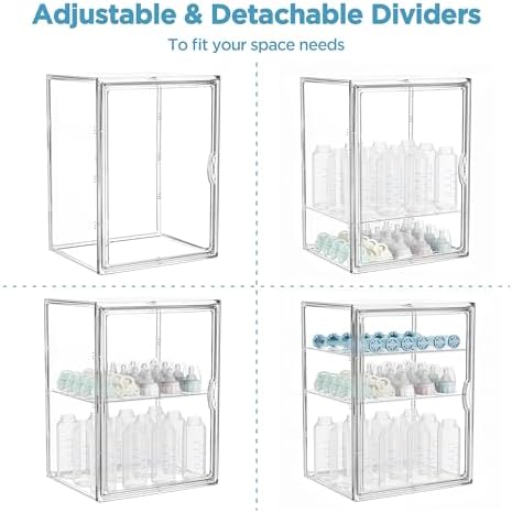 HBlife Baby Bottle Storage Organizer for Countertop Cabinet, 3 Tiers Adjustable Clear Acrylic Bottles Storage Station Case Box Container with 2 Removable Dividers and Magnetic Door, X-Large - Image 6