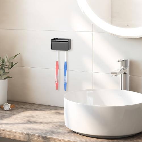 Toothbrush Holder Wall Mounted with Cover for Bathroom, 2 Slots Toothbrush Storage Organizer for Shower, Self Adhesive Toothbrush Hanger Rack for Dorm, Cabinet (Black) - Image 6
