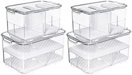 SANNO Fridge Produce Saver Storage Vegetable Fruit Containers Food Produce Saver Container Stackable Refrigerator Organizer Bins Fresh Keeper Drawers Organizer, Set of 4 by SANNO