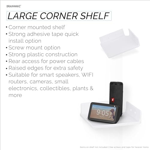 9" Small Corner Shelf Mount, Adhesive & Screw in, for Speakers, Cameras, Baby Monitors, Plants, Books Electronics, Collectibles & More, Floating Shelves (White) by Brainwavz - Image 6