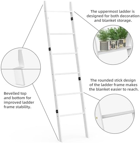 BAMBANG 6-Tier Blanket Ladder for Living Room, Blanket Quilt Ladder Rack Rustic Decorative Towel Holder, Wall Leaning Blanket Ladder Shelf Storage Farmhouse Decor for Bedroom Bathroom, White - Image 4