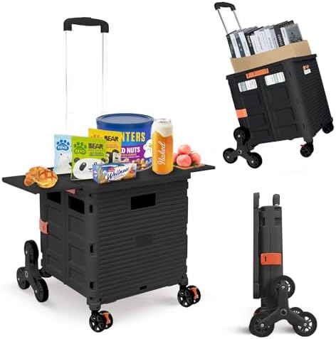 Foldable Utility Cart Collapsible Portable Crate Rolling Carts with Stair Climbing Wheels Tote Basket with Magnetic Lid Telescopic Cover Wear-Resistant 360°Rotate Wheel Noiseless for Shopping Office by SELORSS