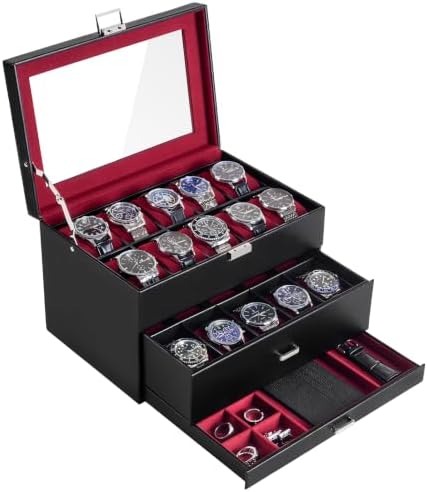 ProCase 3-Layer Watch Box with Glass Lid for Men, 20-Slot, Winered by ProCase