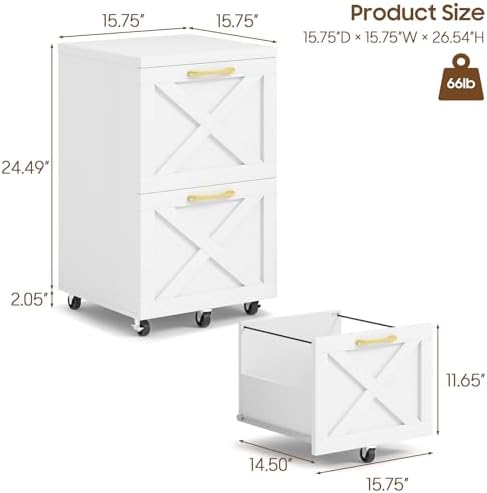 Halitaa Farmhouse 2 Drawer Small File Cabinet with Wheels, White - Image 3