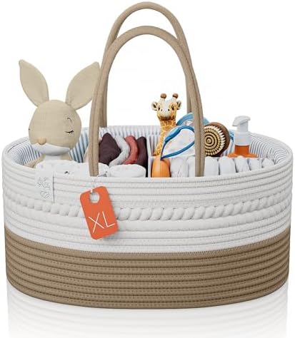 KiddyCare Woven Diaper Caddy Organizer, Large Gray Multi Functional Portable Baby Basket with Handle, Baby Gift for Boy/Girl Nursery Storage, Organization, and Modern Car Diaper Caddy Natural X-Large by KiddyCare