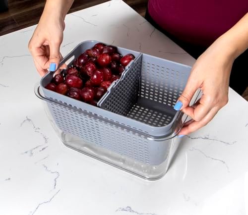 Kitchen Spaces Colander Bin, Produce Saver, Fridge Organizer With Lid, Wash, Strain and Store, Great for Refrigerator, Freezer and Pantry, Large, Gray - Image 2