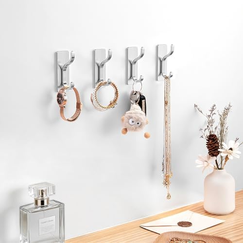 Adhesive Wall Hooks for Towel/Coat,13Lb Stick-On Hook,Brushed Silver 4 Pack - Image 4