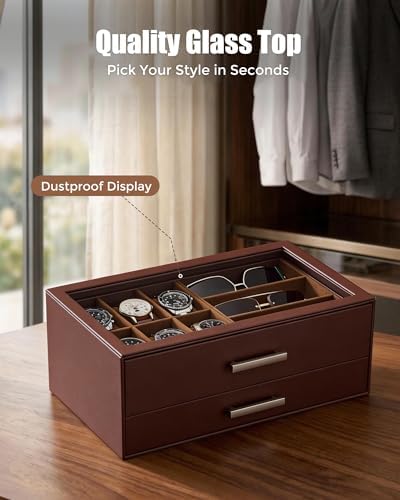 ProCase Watch Case, Mens Jewelry Box for 6 Watch & 5 Sunglasses -Brown - Image 6