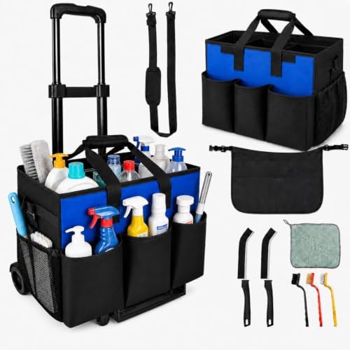 Cleaning Tools Cleaning Caddy with Wheels and Cleaning Apron, Large Rolling Cleaning Caddy Bag with Detachable Trolley, 6PCS Crevice Cleaning Brush Set, Adjustable Shoulder Strap & Multiple Pockets by GuardEveryOutdoorAdventure