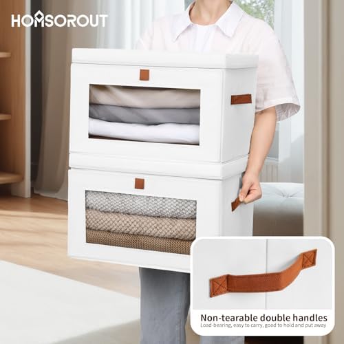 Homsorout Large Clothing Storage Bins - Collapsible Boxes with Handles & Window, Decorative Organizer Bins with Lids, Fabric Containers for Living Room, Dorm, 2 Pack, White - Image 4