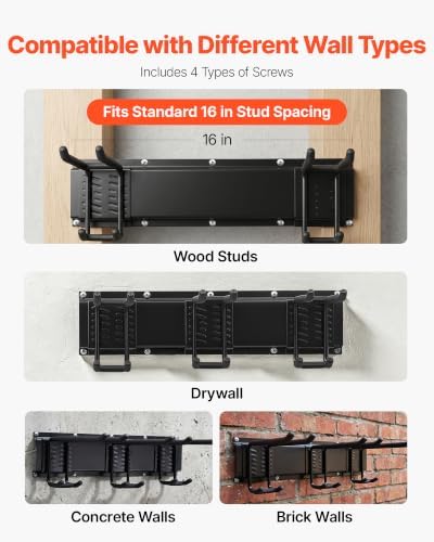 VEVOR Garage Tool Organizer 33 Inch 400 lbs Wall Mount Garden Tool Rack, Heavy Duty Garage Hanging Storage Rack Organization with 2 Rails and 5 Adjustable Hooks, for Yard Tools, Shovel, Rake, Shed - Image 6