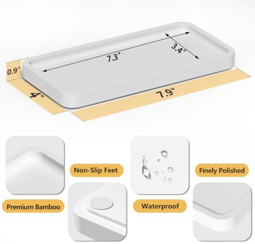 Weenson Small Bathroom Vanity Tray for Countertop Makeup Perfume Jewelry Decor Candle Keys, Bamboo Kitchen Tray for Soap Dispenser Spice, Small White Toilet Tray for Sink7.9 L x 4" W x 0.79" H - Image 3